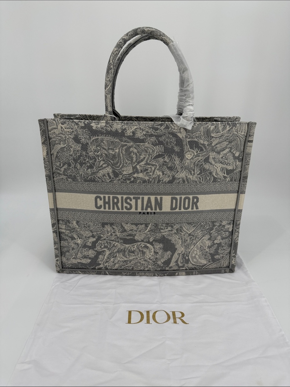 Large Book Tote Embroidered Canvas Gray and Cream Toile de Jouy Tote Bag